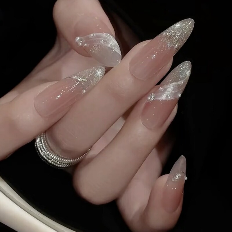 10-Piece Wearable Nail Art Blush Gradient Dazzling Cat Eye Simple and Elegant High-End Detachable Medium-Length Nails