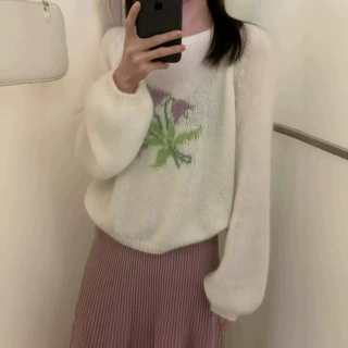 温柔氛围感花朵提花圆领长袖针织衫女秋冬季新款宽松显瘦百搭上衣
