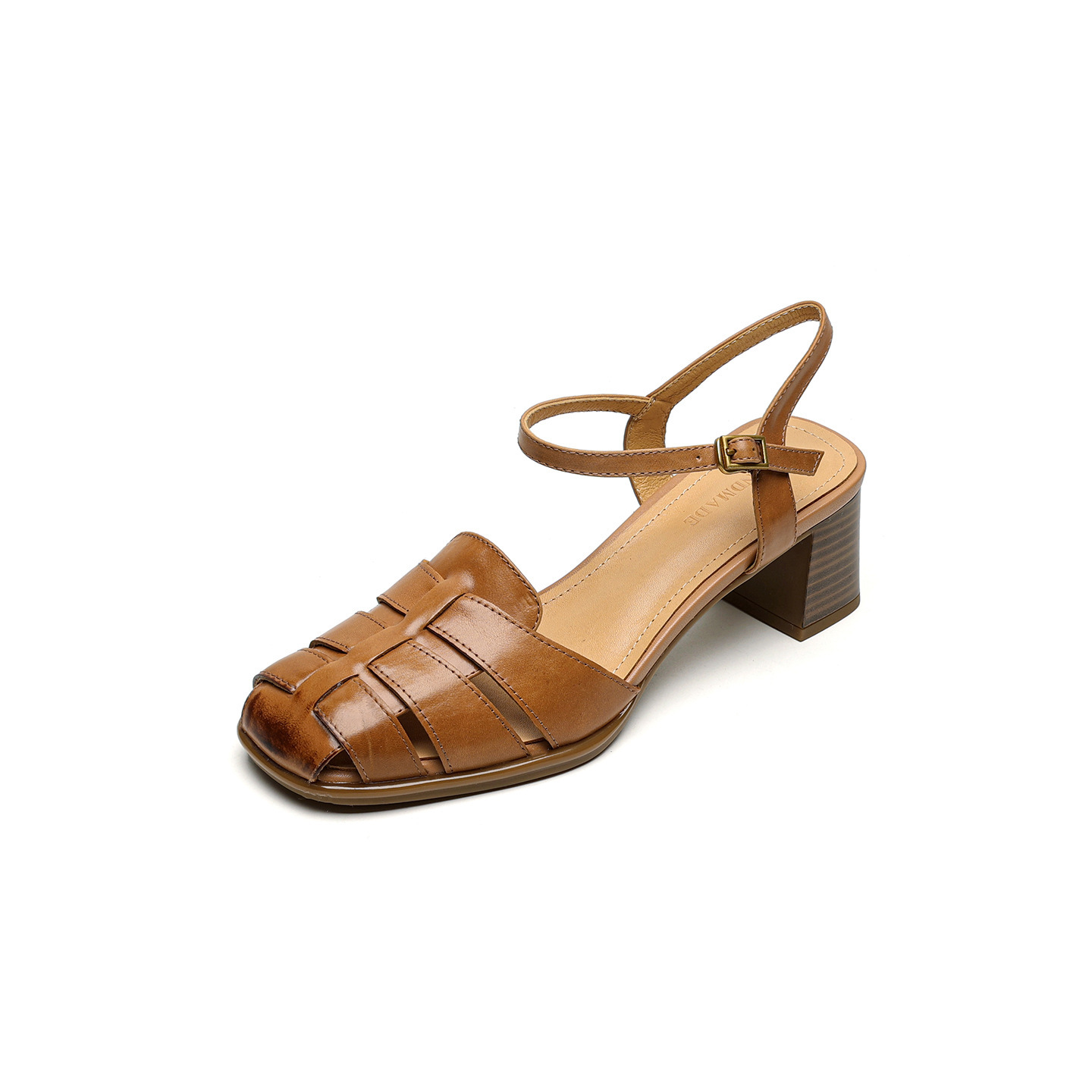 Sandal cao gót nữ quai ngang mũi kín da cừu dệt rỗng phong cách vintage — đen chi tiết 27