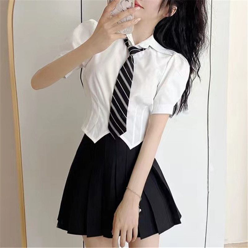 Preppy style white puff sleeve shirt short sleeve small fragrance tight waist beautiful small shirt jk uniform pure desire women's suit