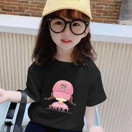 儿童潮流黑色圆领短袖T恤女童夏季洋气印花韩版ins休闲百搭上衣