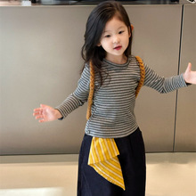 2025秋季新品 韩版套装  女童圆领条纹T恤  宝宝修身长袖上衣