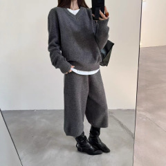 韩系慵懒风休闲针织套装女秋冬新款宽松显瘦减龄毛衣阔腿裤两件套