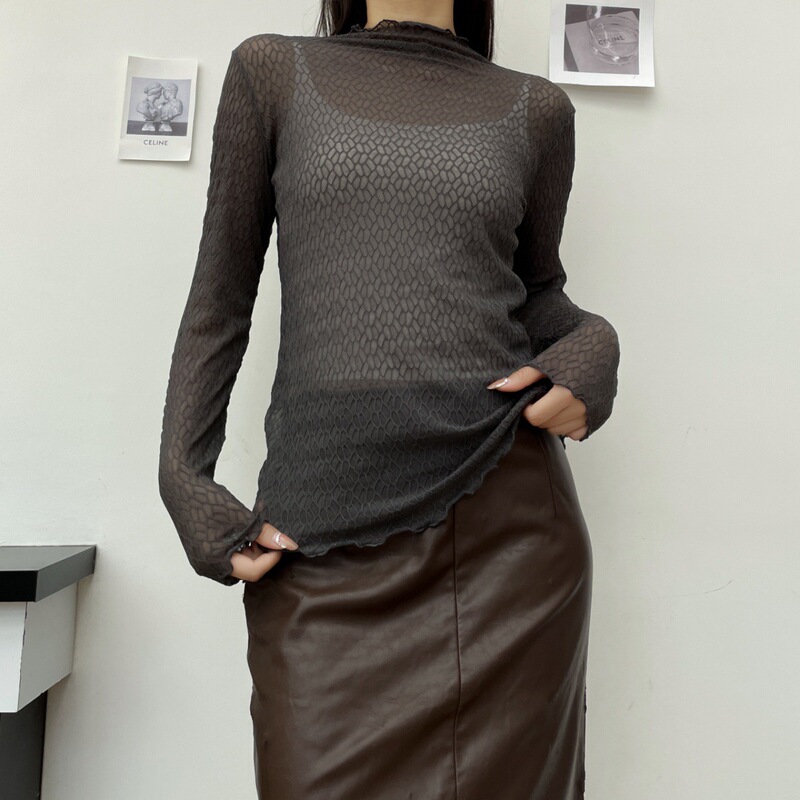 Half Turtleneck French Honeycomb Lace Bottoming Shirt, Early Autumn New Gauze Shirt with High-End and Western Style Mesh Top for Women