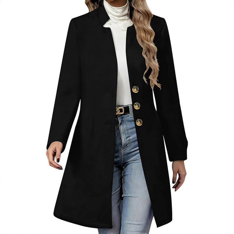 Amazon New Women's Coat Solid Color Mid-Length Stand Collar Coat Double-Breasted Pea Coat Cross-Border Europe and America
