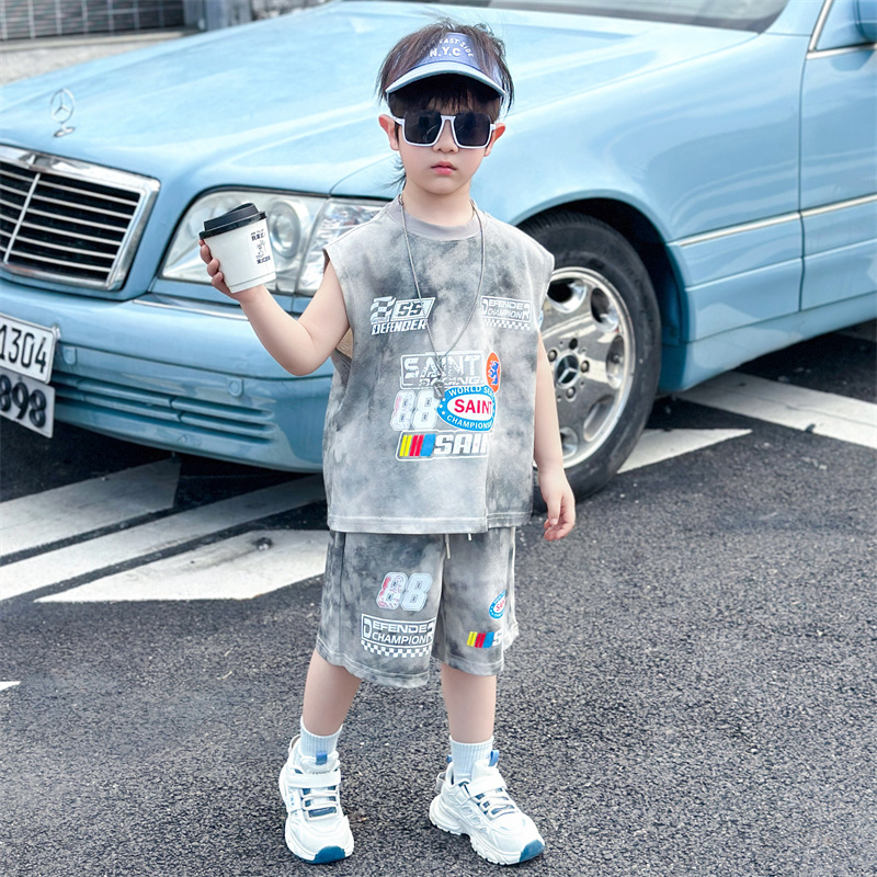 7493 Traje deportivo teñido anudado para niños Estilo de verano Chaleco sin mangas guapo Estilo occidental Ropa de verano para niños Ropa de baloncesto Conjunto de dos piezas