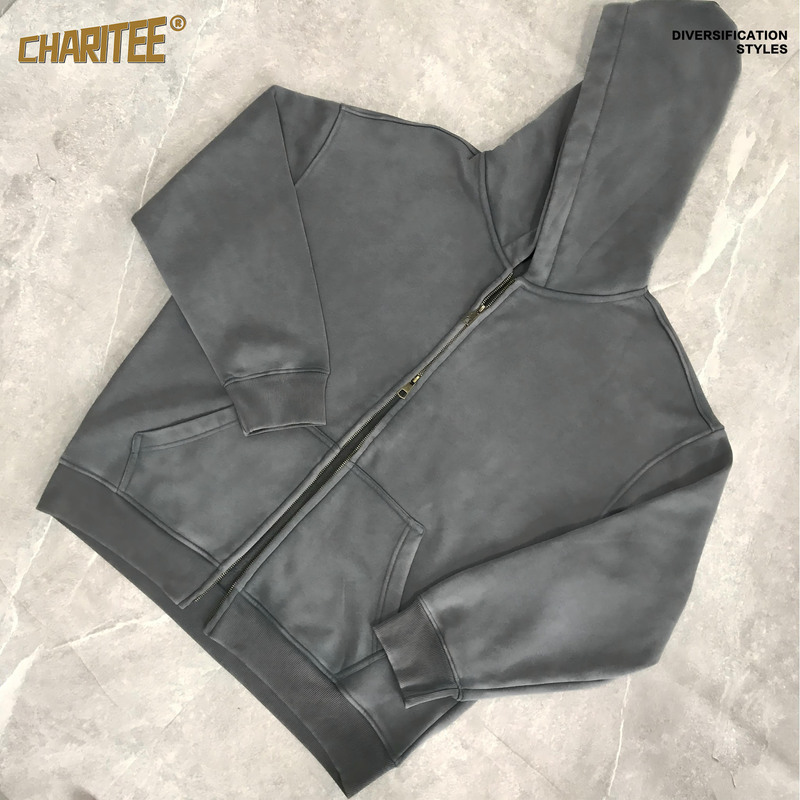 380g Distressed Fleece-Lined Zip-Up Hooded Oversized Trendy Brand Youth Drop-Shoulder Washed Fleece-Lined Cardigan Sweatshirt