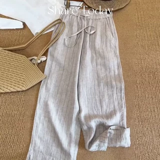 麻本色亚麻条纹抗皱阔腿裤女2026夏季新款松紧腰休闲宽松直筒裤子
