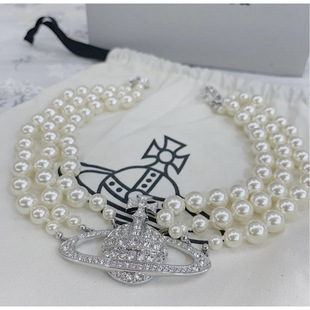 Vivienne High Version Queen Mother of the West Three-Layer Pearl Necklace Full of Diamonds Saturn Necklace Pearl Choker Mother's Day Gift