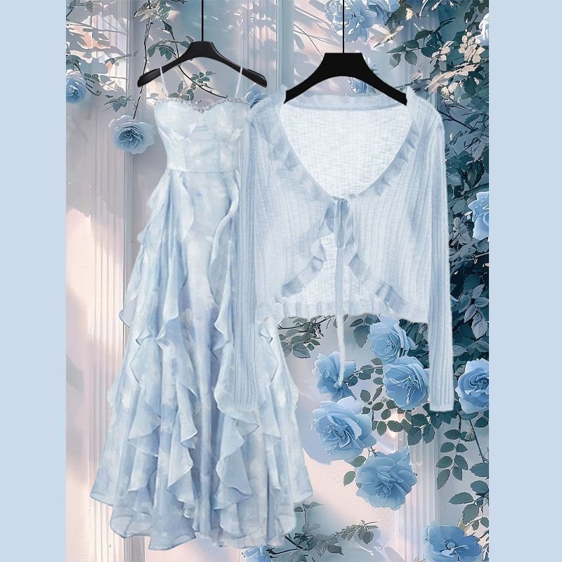 夏服の日焼け止めカーディガンと気質痩身フレンチサスペンダードレスの完全なセット卸売|undefined