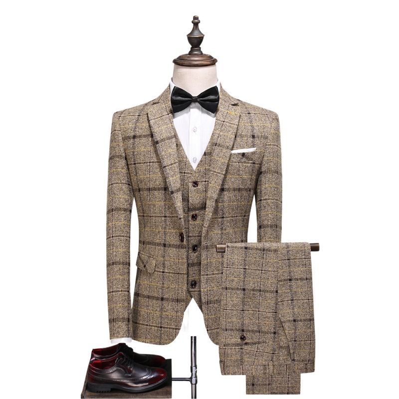 Traje de hombre traje de tres piezas estilo coreano slim fit británico casual moda novio vestido de novia Plaid traje pequeño hombres