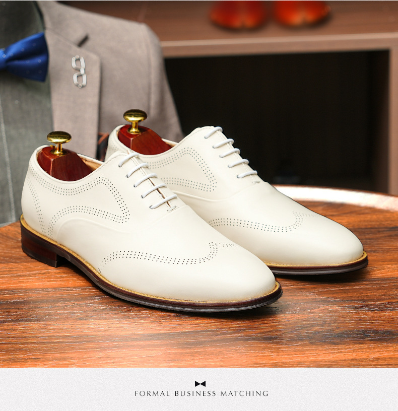 Britiske brogues udskårne herresko i ægte læder, hvide bryllupsbrudepigesko, bryllupsbrudgomssko, herresko i læder, afslappet business-stil_voghion.com