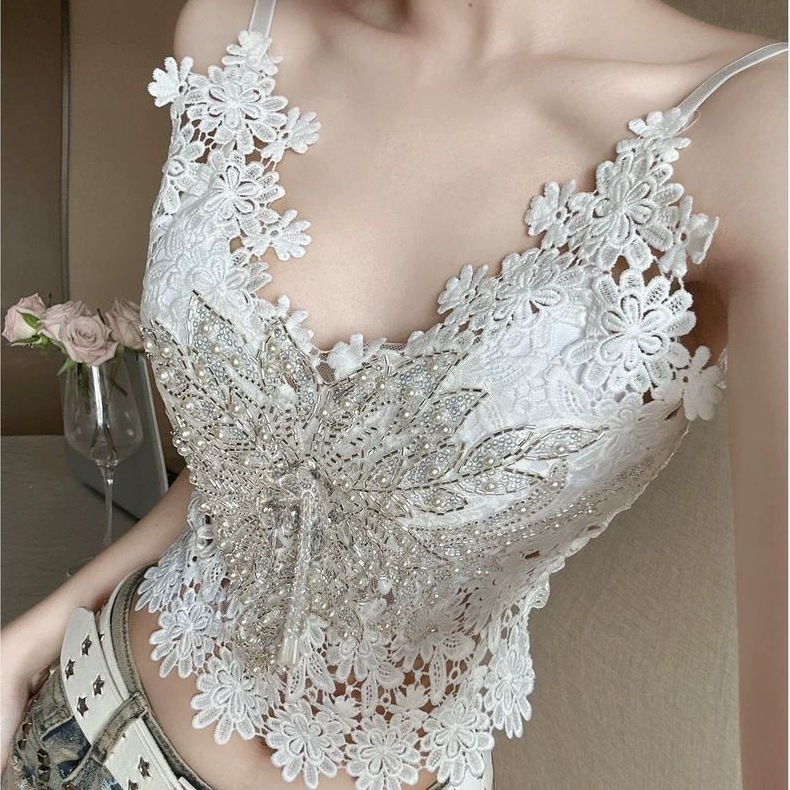 2025 Summer French Sweet and Spicy Lace Camisole for Outerwear and Inner Wear with Design and Chest Pad Versatile Top for Women