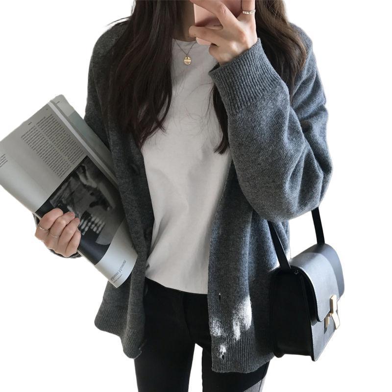 网红慵懒风外套女毛衣女开衫潮学院风秋冬新款韩版宽松v领针织衫|undefined