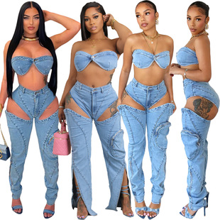NY8175 Amazon European and American Washed Stretch Denim Personalized Slit Zipper Stereo Pocket Chest Wrap Sexy suit
