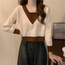 假两件v领针织打底衫春秋洋气内搭修身毛衣女独特别致短款上衣