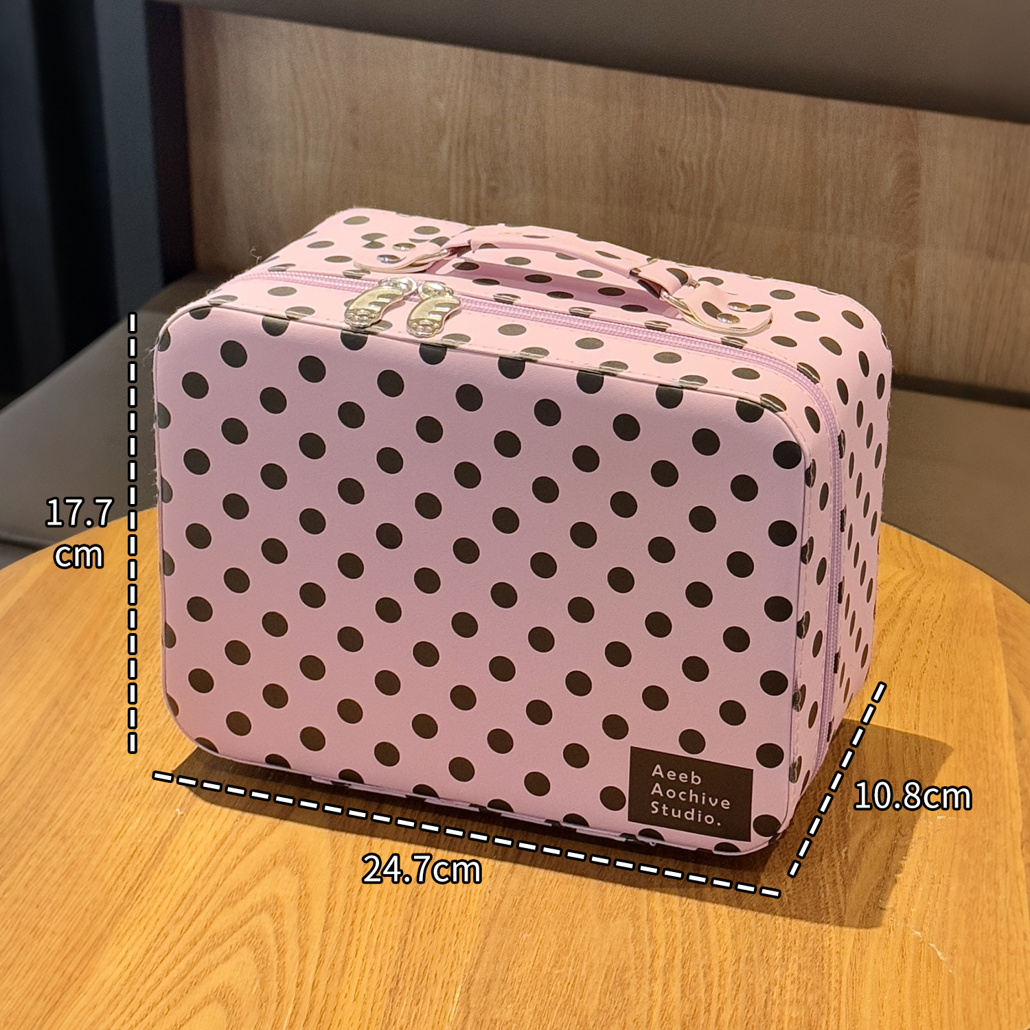 핑크 폴카 도트 거울 화장품 케이스