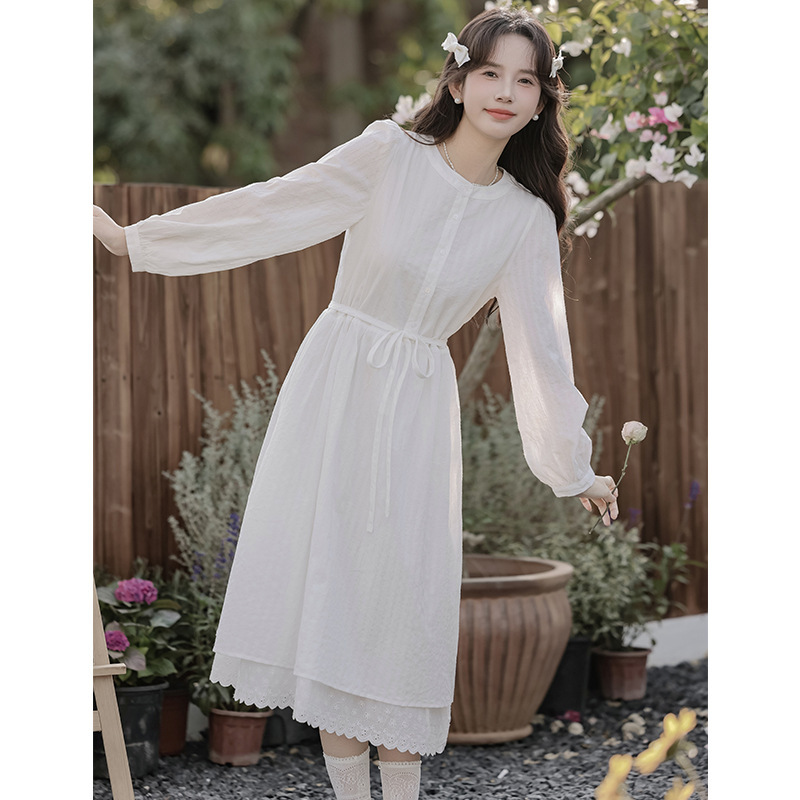 白月光仙女连衣裙2025秋季新款法式甜美设计感系带首要长袖蕾丝裙|undefined