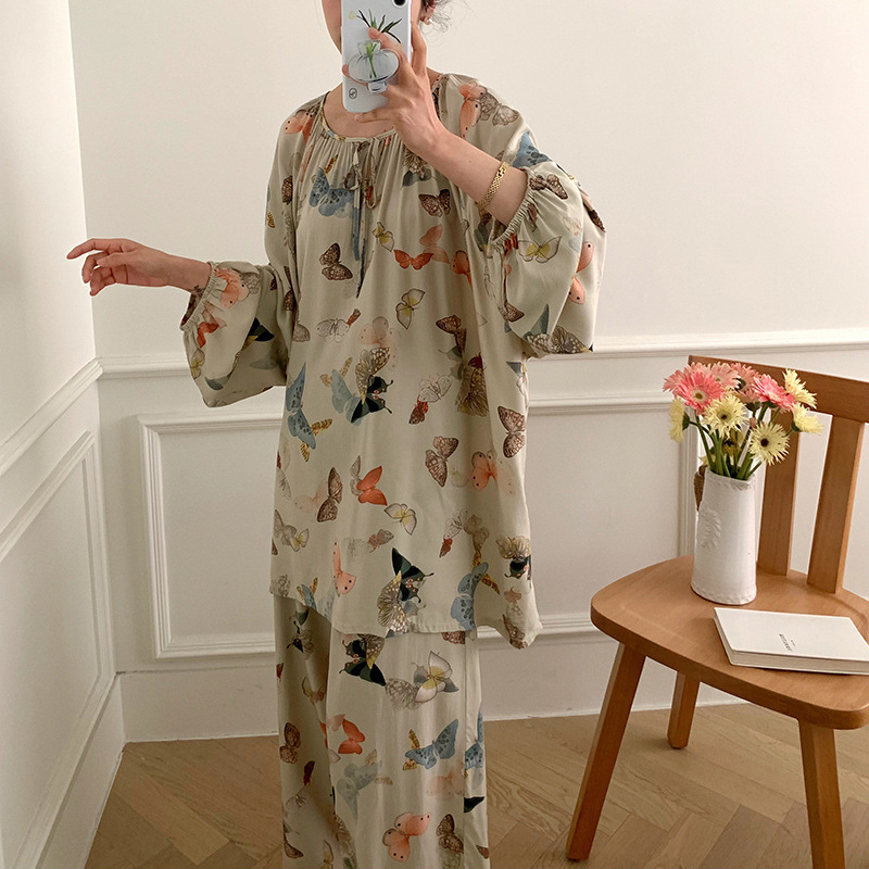 夏季棉绸睡衣长袖长裤套装家居服女士薄款透气吸汗绵绸居家休闲服