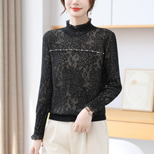 2025秋冬新款淑女风半高领蕾丝打底衫女珍珠装饰洋气针织上衣内搭