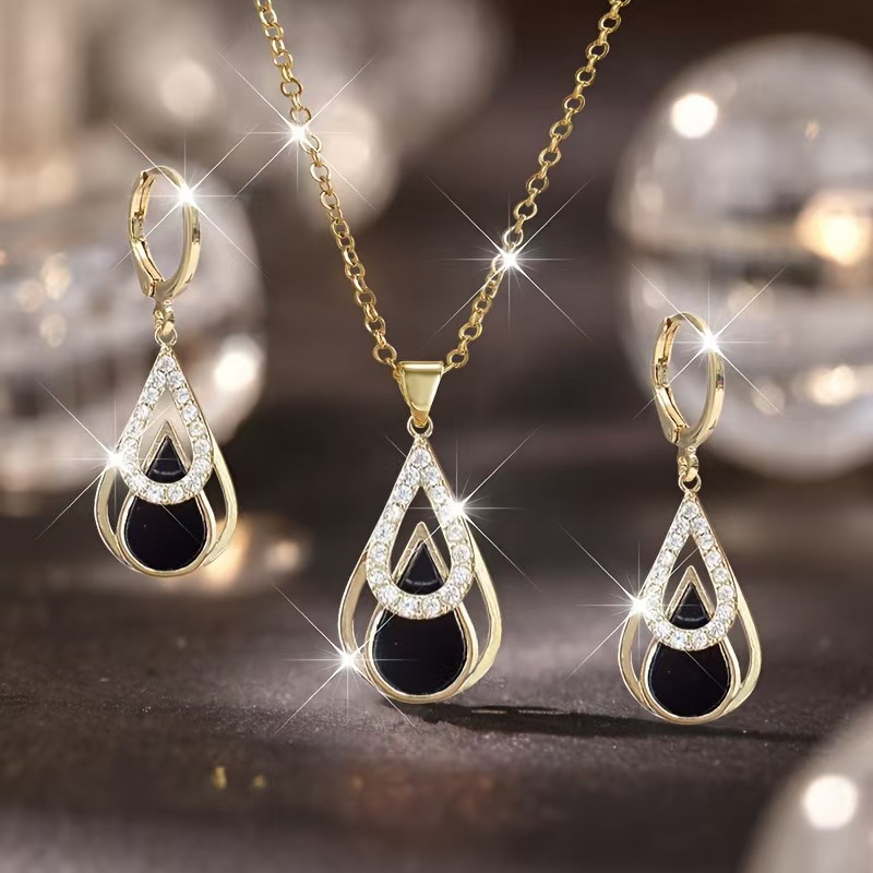 2026 Japanese and Korean Fashion New Black Double-Layer Water Drop Hollow Earrings with Unique Design in Stock