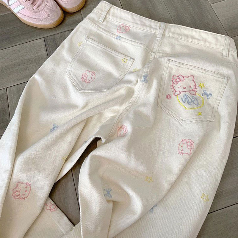 デザインアメリカンハイウエストストレートジーンズ女性用夏かわいいキティ猫刺繍スリムワイドレッグパンツ|undefined