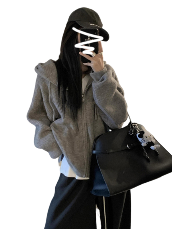 韩系连帽拉链宽松毛衣女秋冬2025新款内搭慵懒感针织开衫外套百搭|undefined