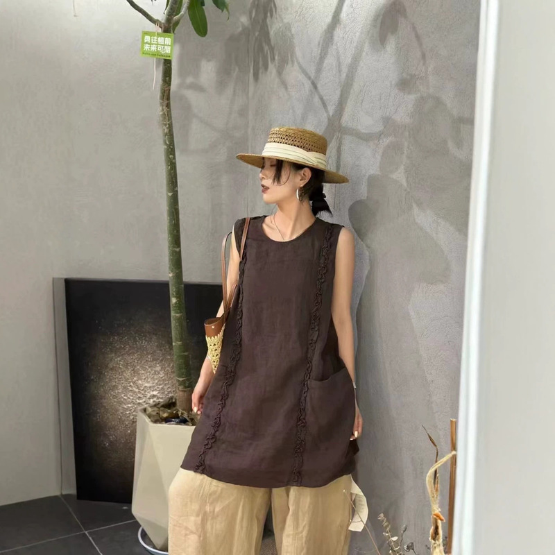 Japanese-Style Hemp Sleeveless Dress, New Summer Style with Large Pockets, Ruffled Edges, Loose Fit, Versatile Niche Tank Dress Japanese-Style Hemp Sleeveless Dress, New Summer Style with Large Pockets, Ruffled Edges, Loose Fit, Versatile Niche Tank Dress