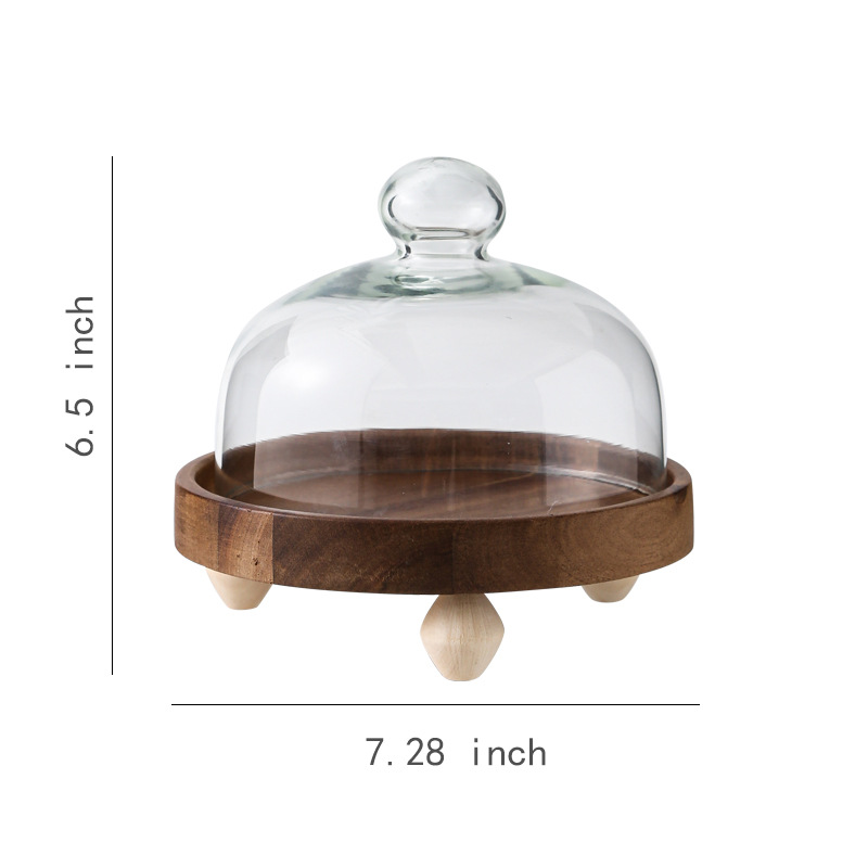 Pastel alto de madera de acacia, postre, tazón de fruta, plato de pan, plato de exhibición de restaurante de hotel, cubierta de vidrio a prueba de polvo