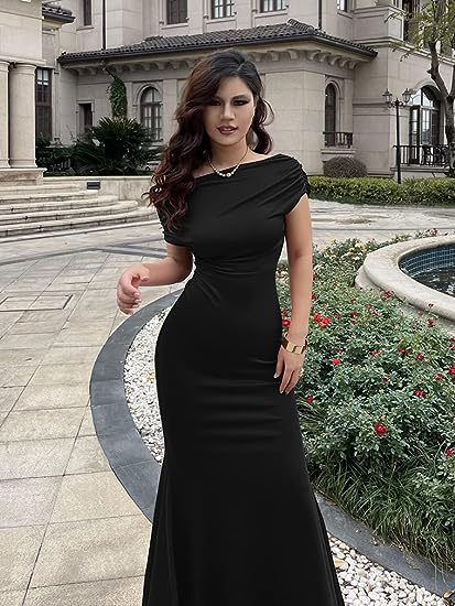Nuevo tamaño transfronterizo vestido de mujer larga Europa y América elegante temperamento delgado vestido de noche negro