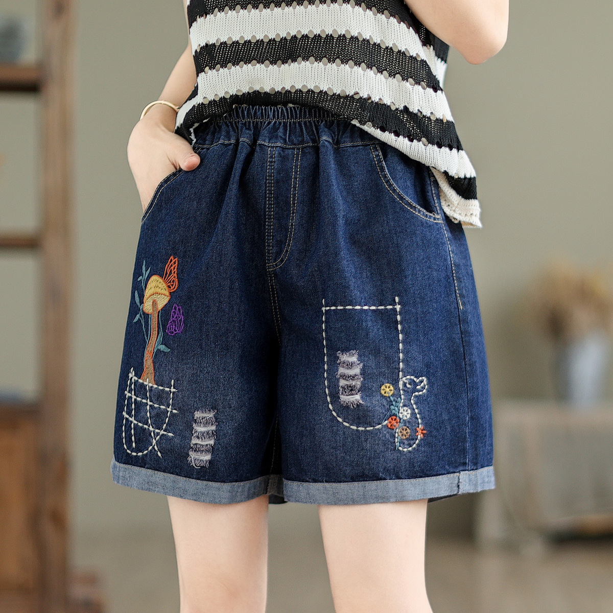 文艺范蘑菇树刺绣破洞松紧腰牛仔短裤女 夏装 小清新宽松阔腿裤