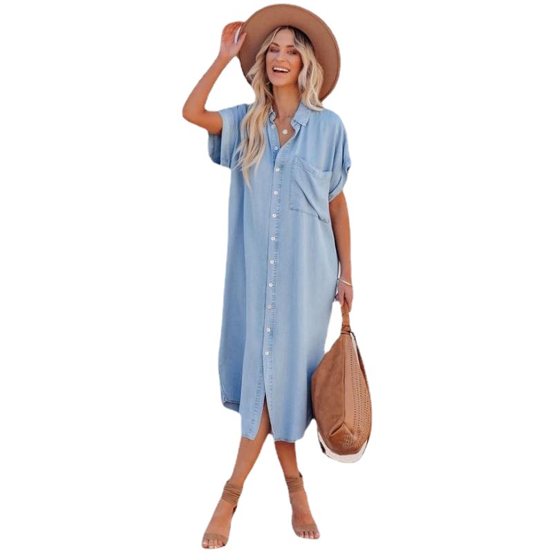 2026 Summer Cross-Border Women's Fashion New Amazon Solid Color Denim Short-Sleeve Long Slit Shirt Dress