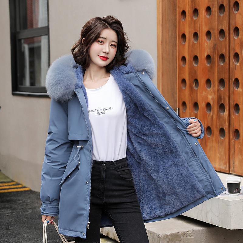 Fábrica parka de las mujeres de mediados de longitud 2023 invierno nuevo estilo coreano suelta gran cuello de piel de moda engrosada abrigo de algodón acolchado image 13