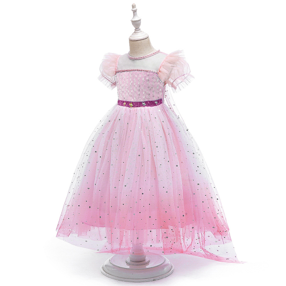 2024 New Aisha princess dress Frozen 2 sequined puff sleeve lace dress mesh stitching pettiskirt