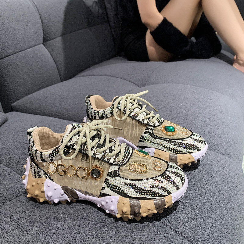 Dad's Shoes for Women 2023 European Popular Shoes New Summer Breathable Flats Thick-Soled Casual Sports Rhinestone Mesh Shoes