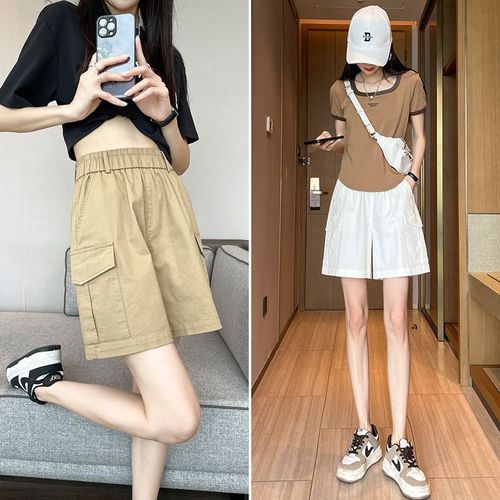 Pure cotton tool shorts for women in summer thin fast dry loose wide legs high waist straight-leg casual sports mid-sports five-point pants