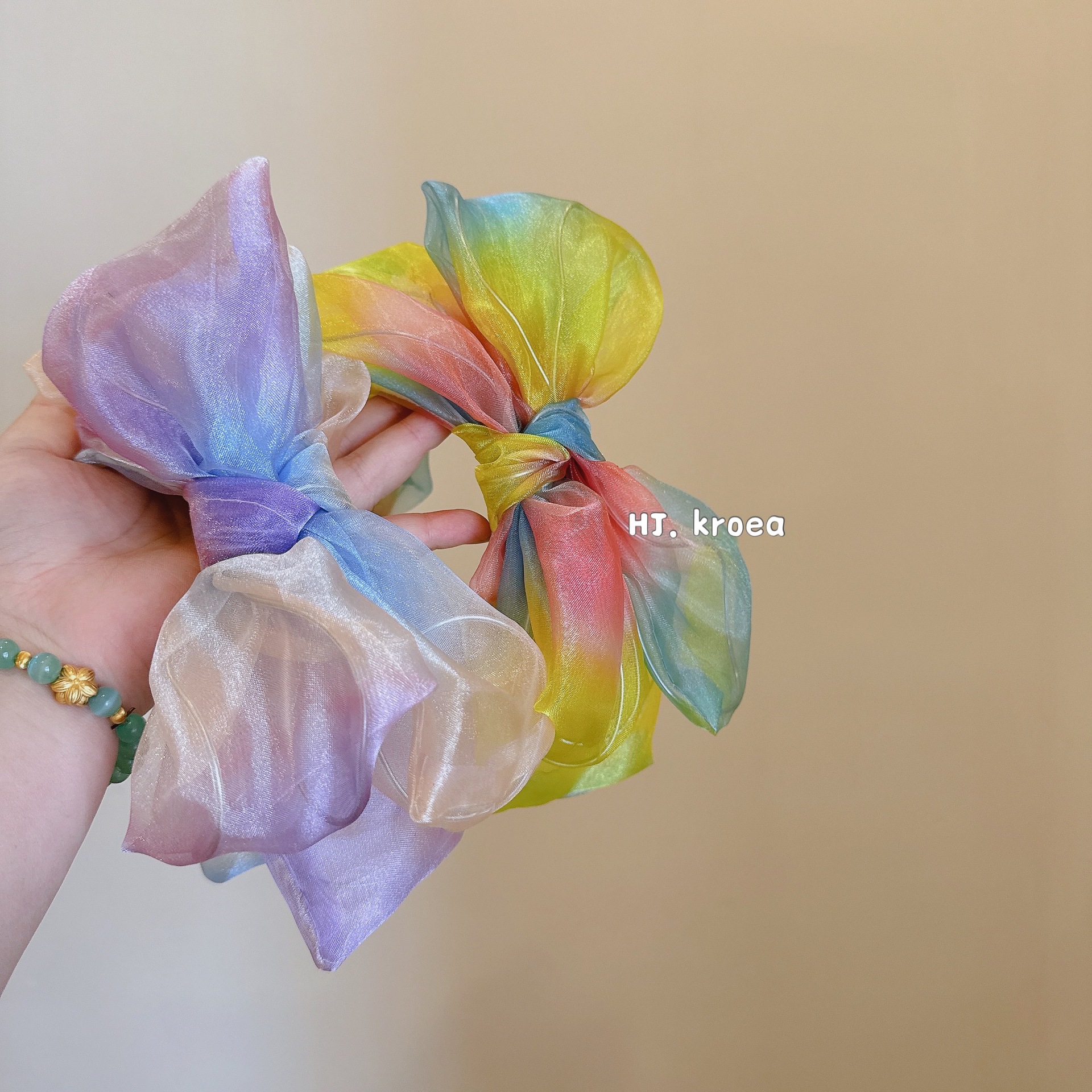 韓系彩虹～2024新品大版蝴蝶結歐根紗雲朵氣質百搭發卡頭箍女髮飾