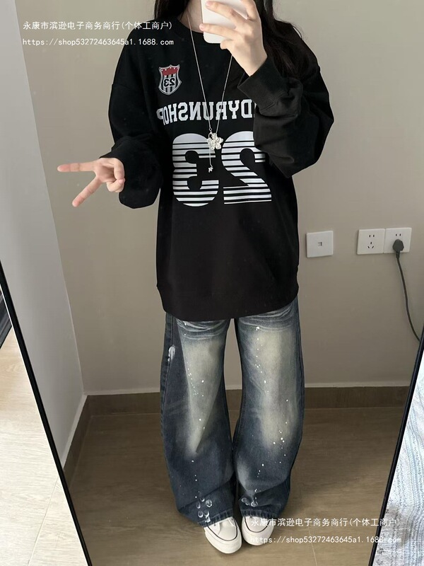 In-stock high-quality [Casual Chinese Cotton + New Style] autumn and winter round-neck loose printed sweatshirt for women
