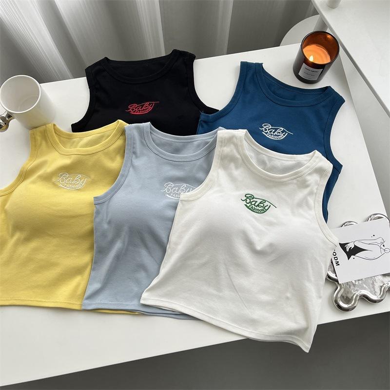 Spicy Girl Korean Version Pure Cotton Embroidered Letter Backless Vest With Chest Pad Anti-Exposure Short Top For Women_ecoleips.com