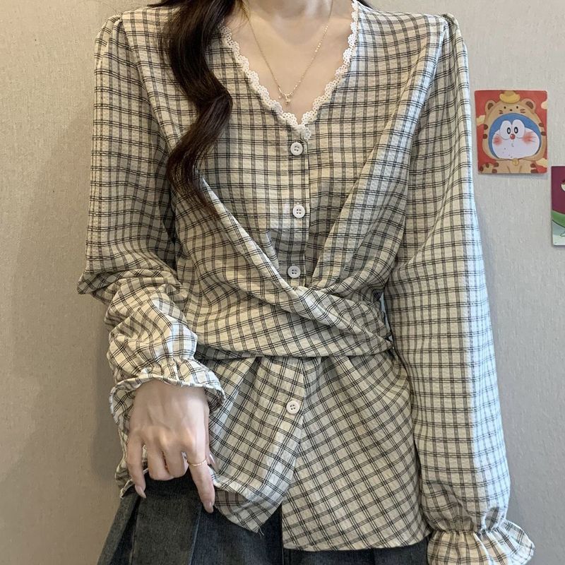 格子领长袖打底衬衫女2025年秋新款时尚设计感系带收腰显瘦上衣|undefined