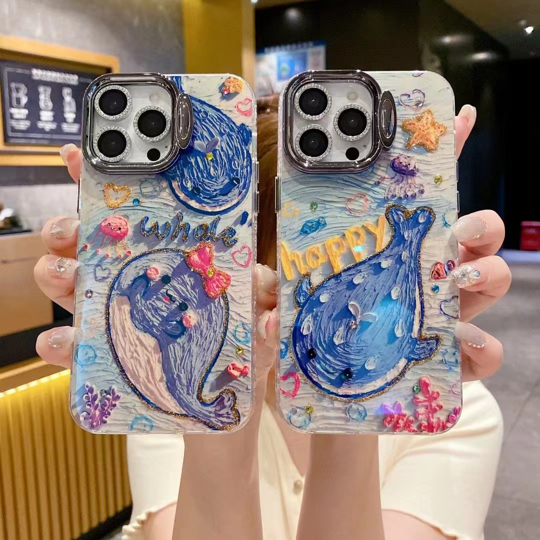 Summer Blu-ray Whale IPhone15promax Soporte de protección ocular Lente en polvo brillante Funda para teléfono móvil Apple 15 para 14