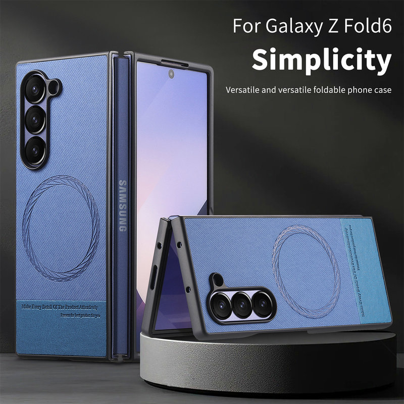 Suitable for Samsung Galaxy Zfold7 Plain Leather Cloth Pattern Mobile Phone Case Wireless Charging Magnetic Fold6 Anti-Fall Pu Case