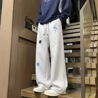 花朵刺绣卫裤男款春秋季美式阔腿运动裤青少年宽松直筒花灰色裤子