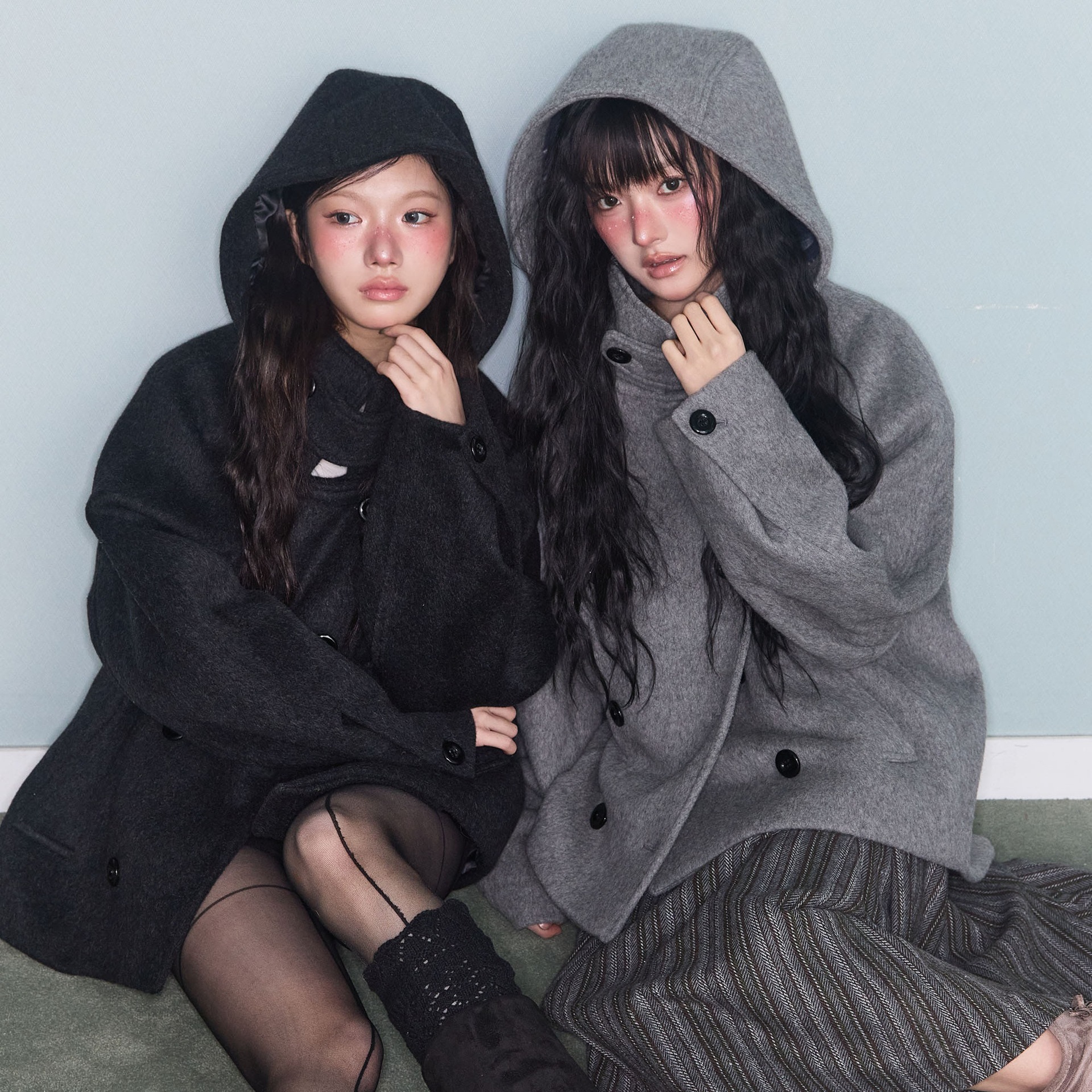 Korean Ins Winter New Vintage Style Japanese College Style Stand Collar Hooded Double-Breasted Woolen Coat