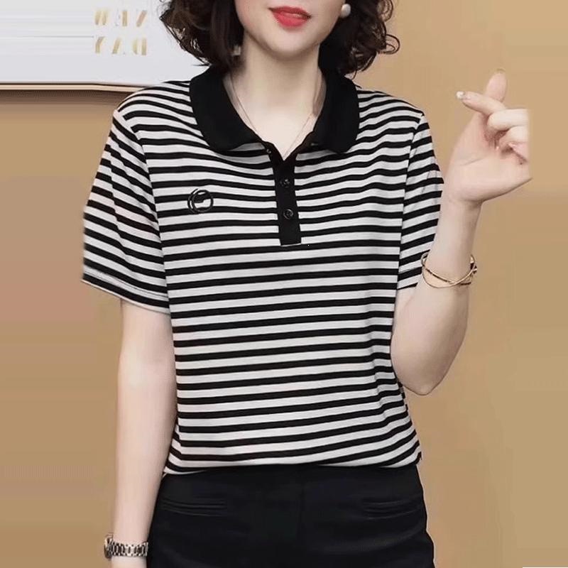 【95棉5氨纶】简约休闲舒适气质翻领短袖夏季百搭时尚减龄条纹T恤