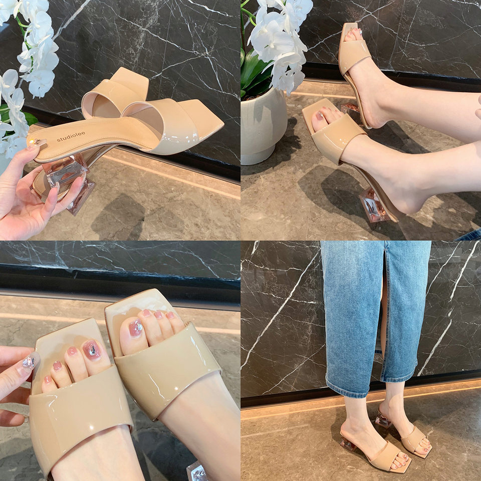 Dép sandal nữ quai ngang mũi vuông đính pha lê, đế dày gót vừa 3–5 cm — Màu bạc, Màu hồng nude, Màu mơ Nude
