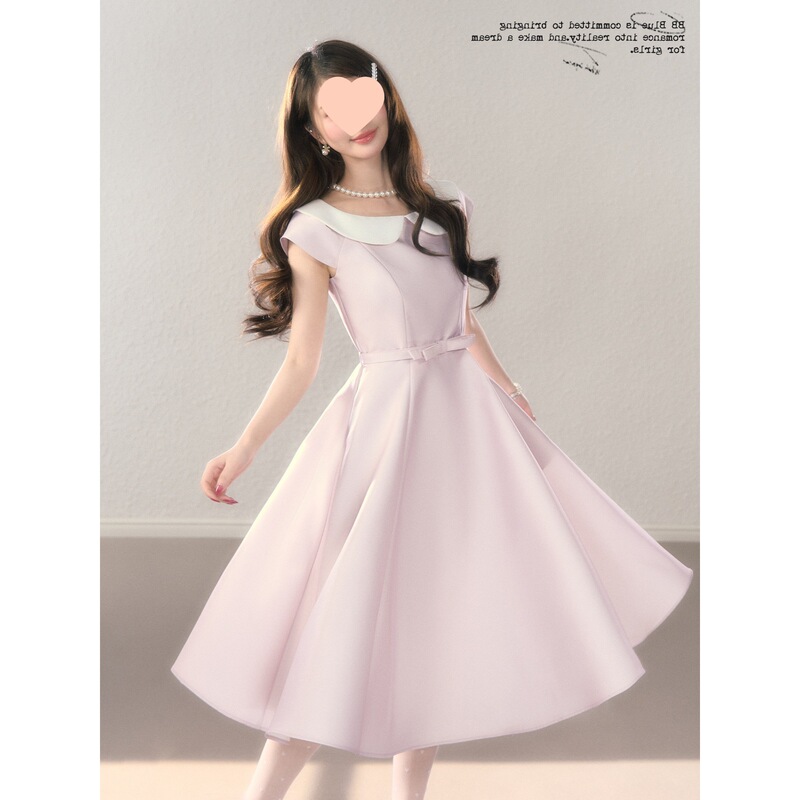 Miss Windsor/French-Style Waist-Cinching Doll Collar Dress with Hepburn-Inspired Princess Vibe