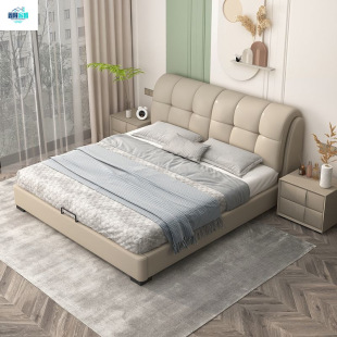 Genuine Leather Solid Wood Bed, Simple Style, Modern Master Bedroom Large Bed, Leather Art Bed, Double 1.8X 2m Bedroom Upholstered Bed 1.5m