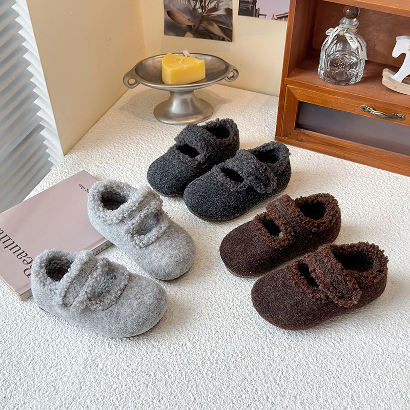 Girls' Soft-Soled Mary Jane Fur Shoes 2025 Winter Kidsren's New Korean Style Woolen Baby Fleece-Lined Warm Cotton Shoes