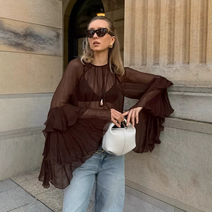 Palace Style French Chiffon Bell Sleeve Top 2025 Autum Sexy See-Through Loose Brown Round Neck Blouse for Women
